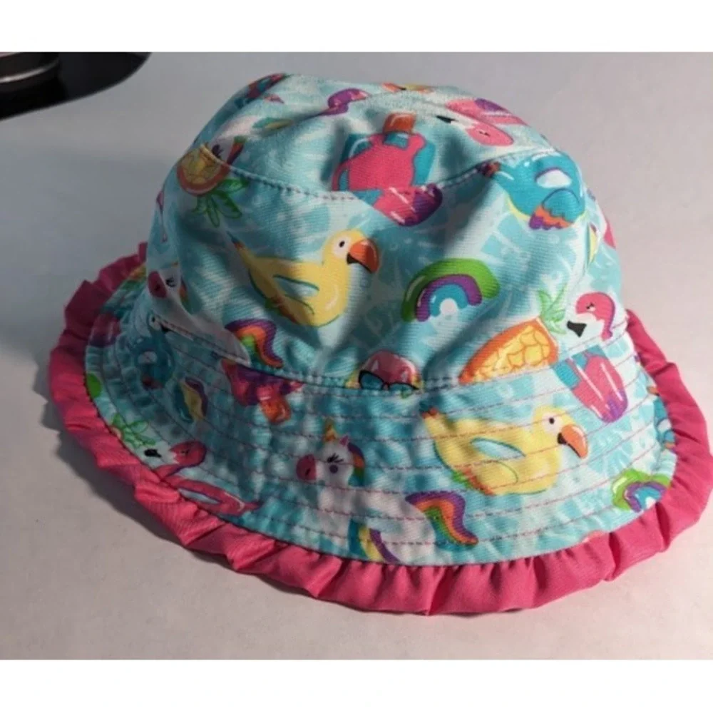 UV Skinz Girls Reversible Bucket Hat Pink Tropical Flamingo Sun Ruffle Brim 4-6